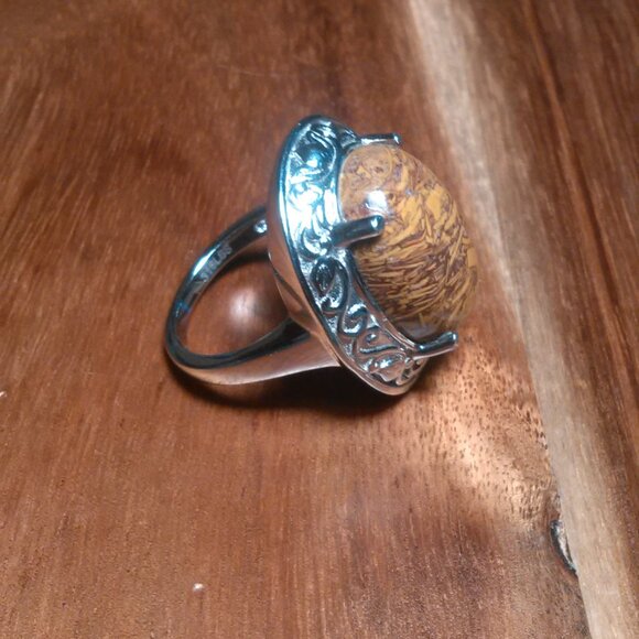 Script Stone Jasper Solitaire Stainless Steel Ring (Size 9) - Picture 7 of 13